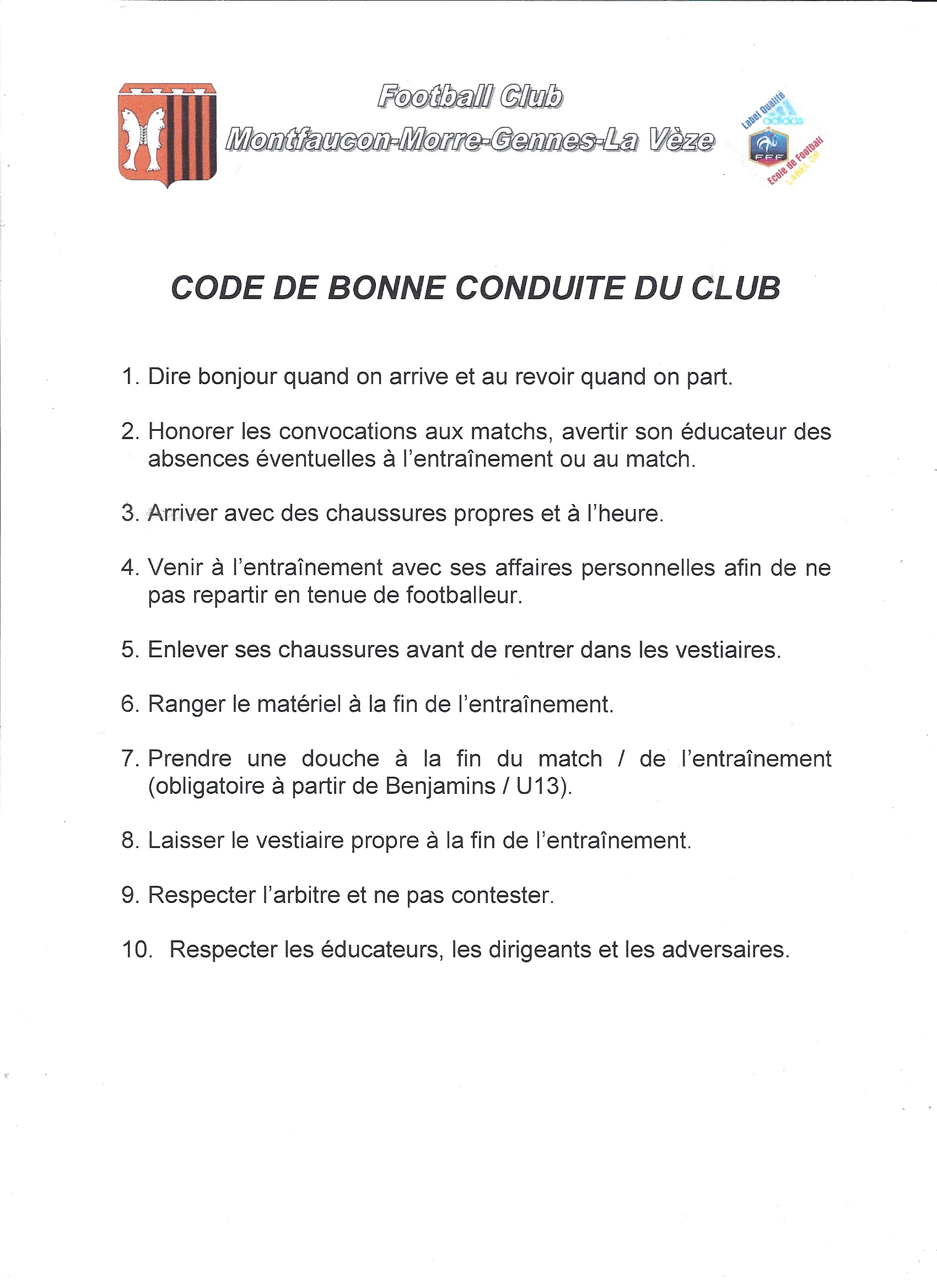 Code de bonne conduite  club Football FC Montfaucon Morre Gennes La