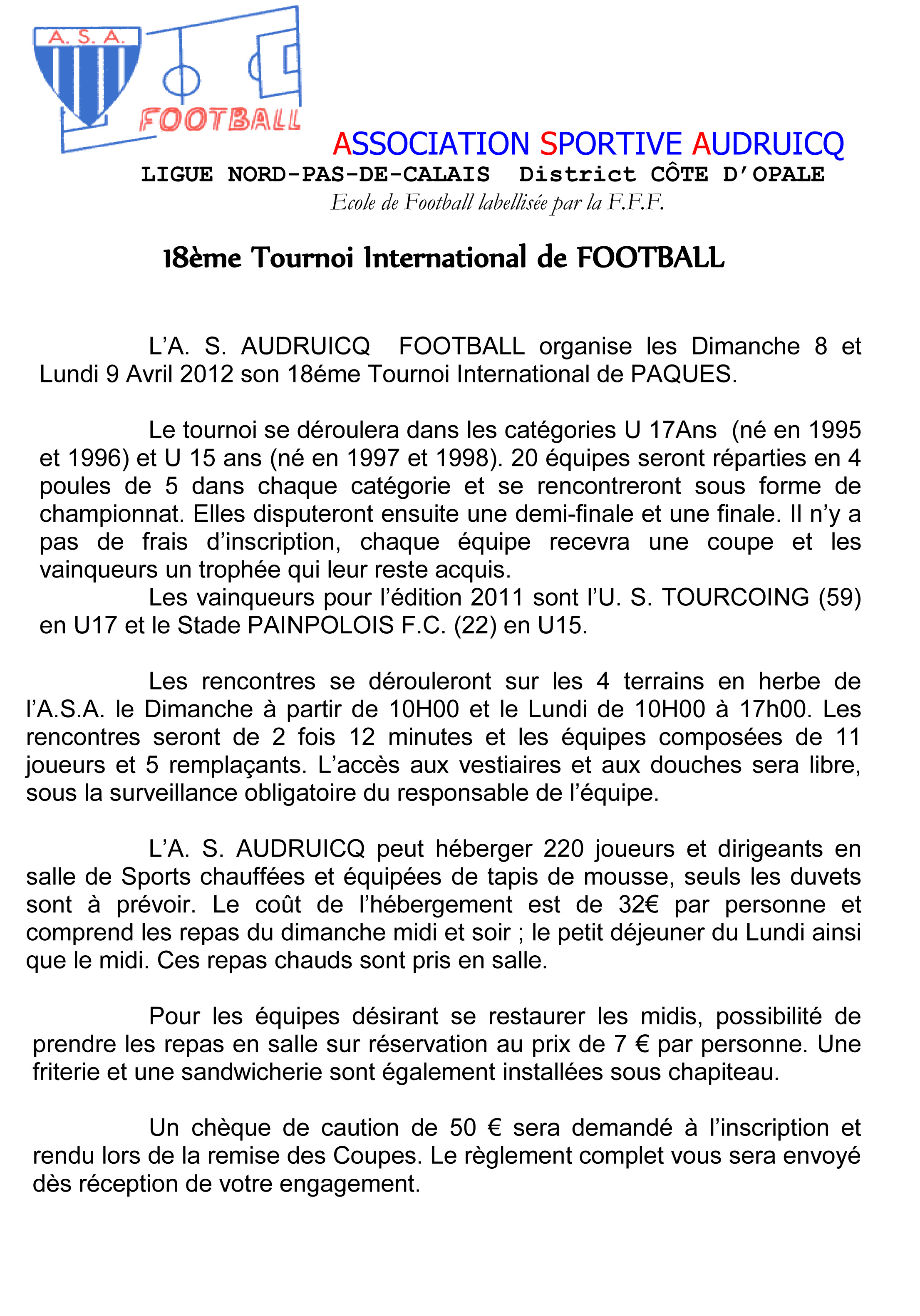 Actualit Invitations Aux Tournois Club Football U S Marquise Footeo