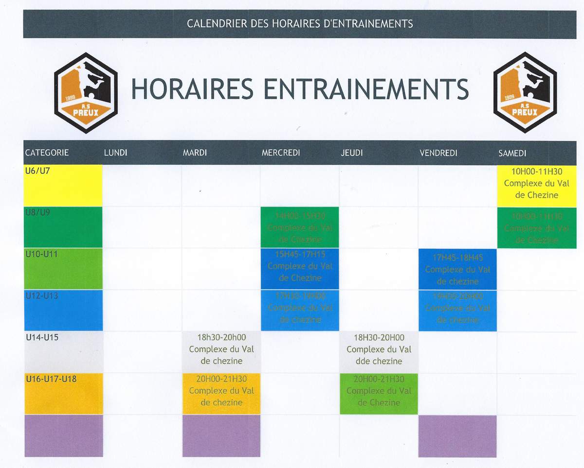 Actualité - Horaires Des Entrainements 2024-2025 - Club Football A. S 