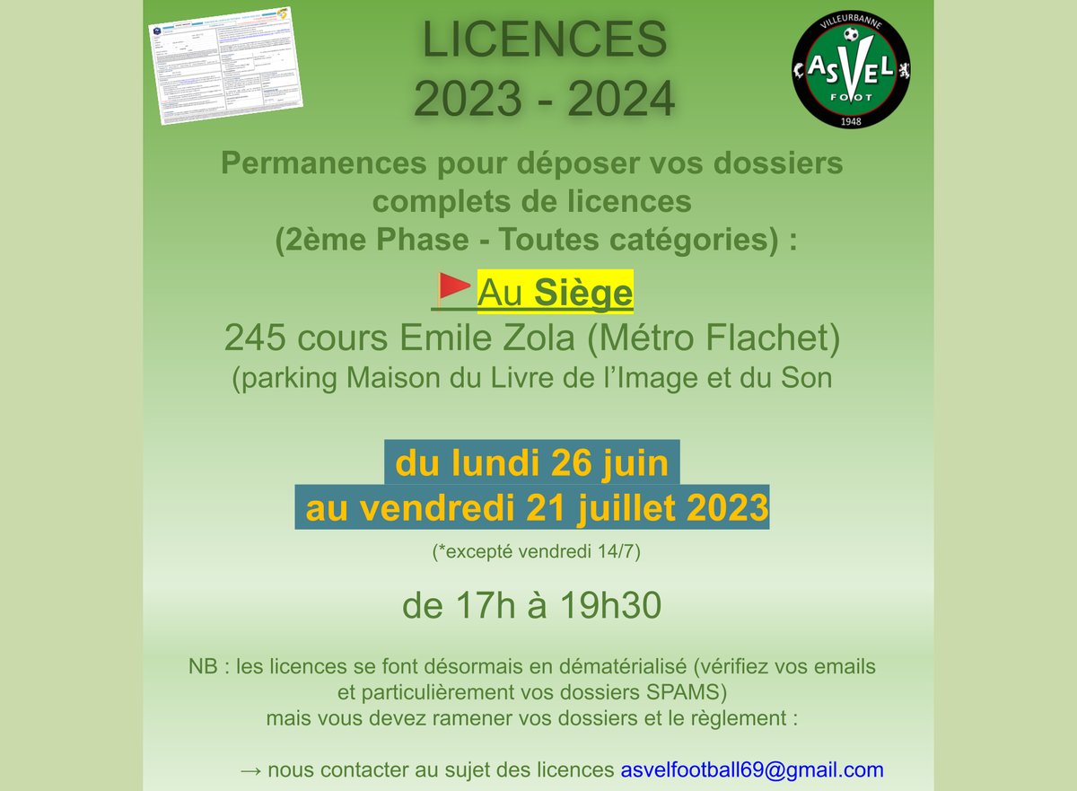 Actualité Licences 20232024 , phase 2 club Football ASVEL FOOTBALL