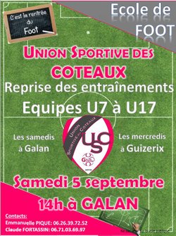 USC - Rentrée de l'école de foot le samedi 5 septembre 2020 à Galan - Union Sportive des Coteaux