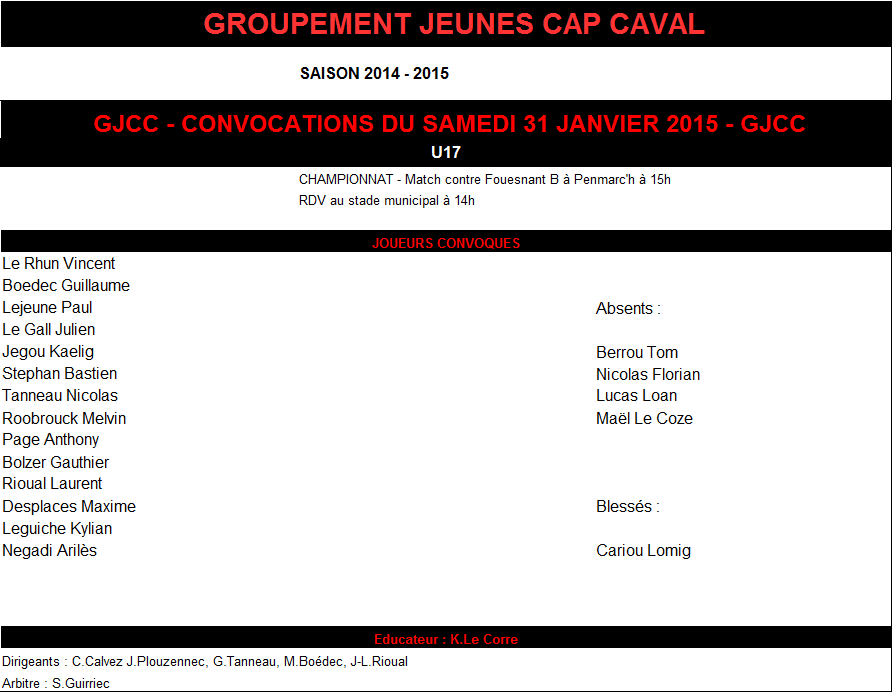 Actualité - Convocations U 17 ! - club Football CORMORANS SPORTIFS DE PENMARCH - Footeo