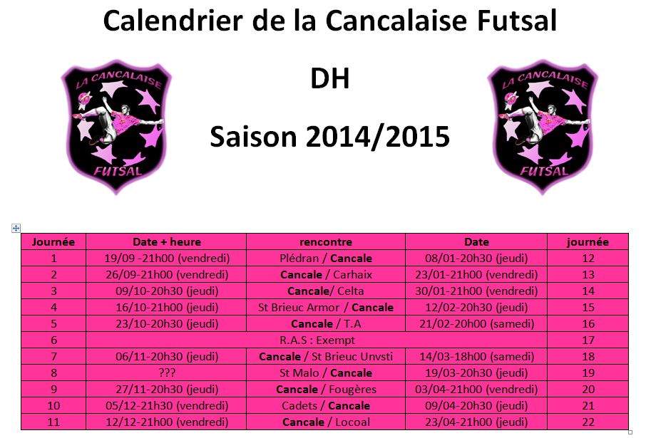 Calendrier Futsal 