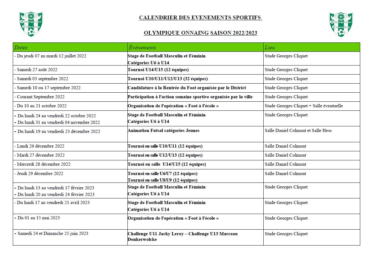 Actualité CALENDRIER EVENEMENTS SPORTIFS SAISON... club Football